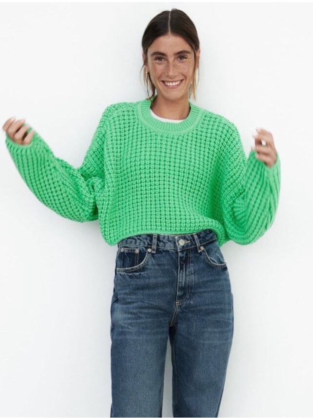 Zara Purl Knit Sweater Chunky Crewneck Long Sleeve Green Bloggers Favorite Small